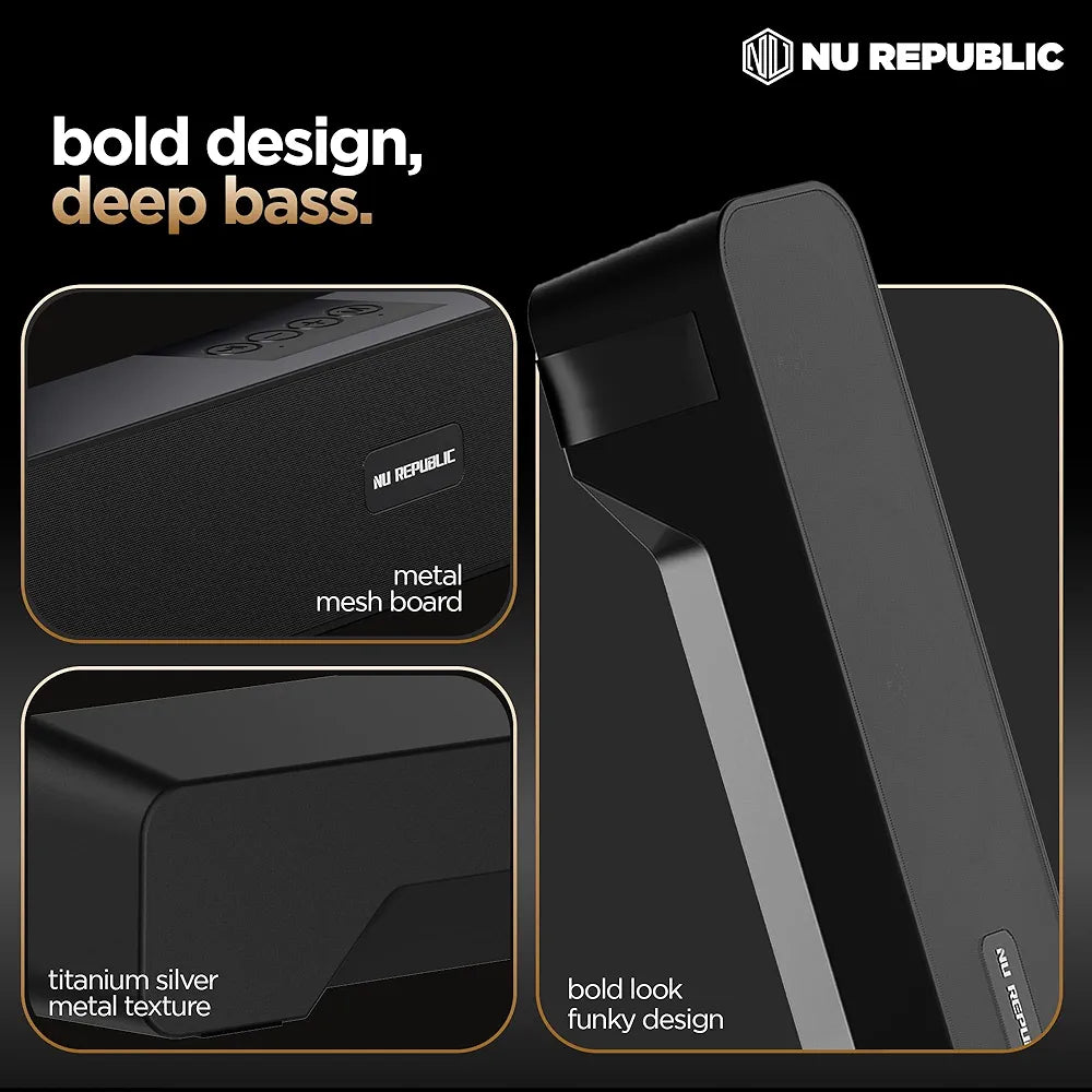 Nu Republic Soundbar 20 Bluetooth Soundbar with X-Bass Technology, 52mm Dynamic Drivers, Upto 12 Hrs Playtime, 20 W Output, Aux/USB Port  