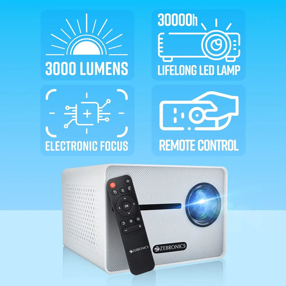 Zebronics PIXAPLAY 20 LED Projector with FHD 1080p, HDMI, USBx2, Aux Out, Bluetooth v5.1, Upto 431 cm Screen Size, Built-in-Speaker, 3000 Lumens and a Compact Design