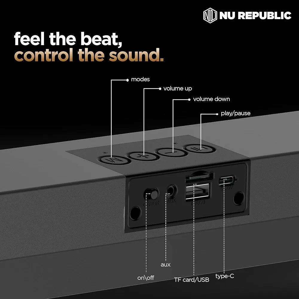 Nu Republic Soundbar 20 Bluetooth Soundbar with X-Bass Technology, 52mm Dynamic Drivers, Upto 12 Hrs Playtime, 20 W Output, Aux/USB Port  