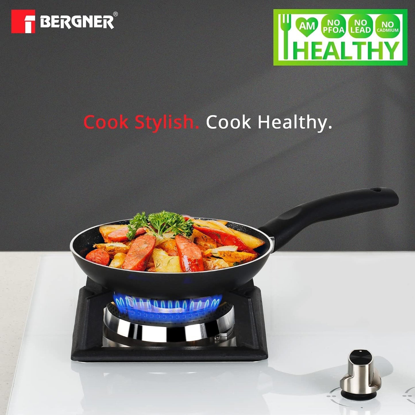 Bergner Essential Plus 5 Layer Marble Non Stick Frypan, 24 cm, Induction Base, Food Safe , Thickness 2.8mm, 1 Year Warranty, Black