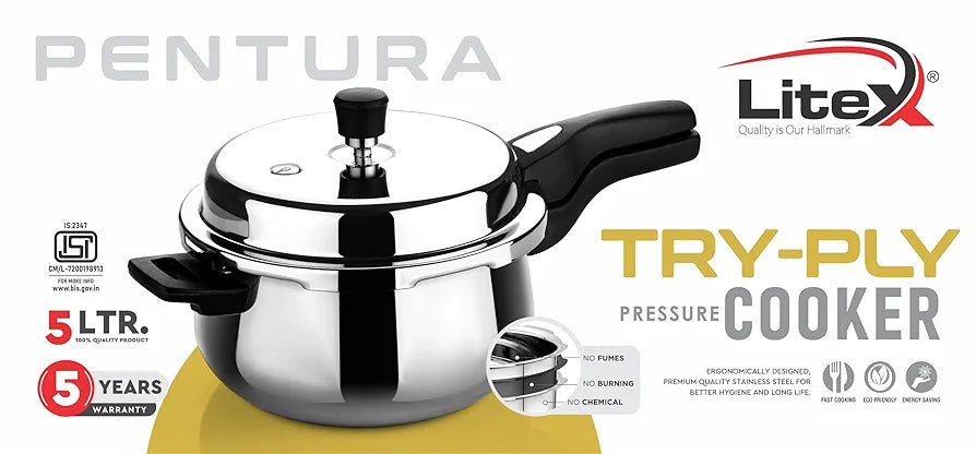 Litex Triply Stainless Steel Pressure Cooker, Induction Compatible, Outer Lid with Safety Lock, Stay-Cool Handles, 5-Year Warranty