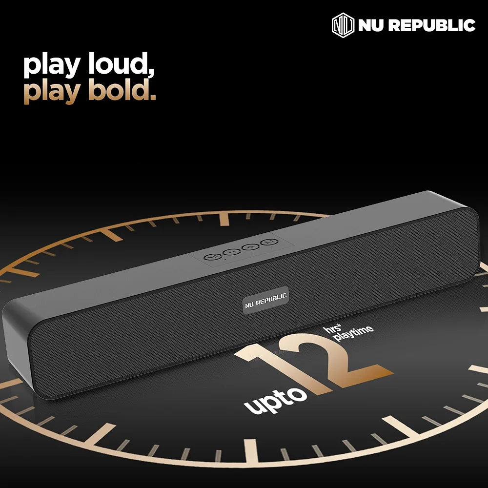 Nu Republic Soundbar 20 Bluetooth Soundbar with X-Bass Technology, 52mm Dynamic Drivers, Upto 12 Hrs Playtime, 20 W Output, Aux/USB Port  