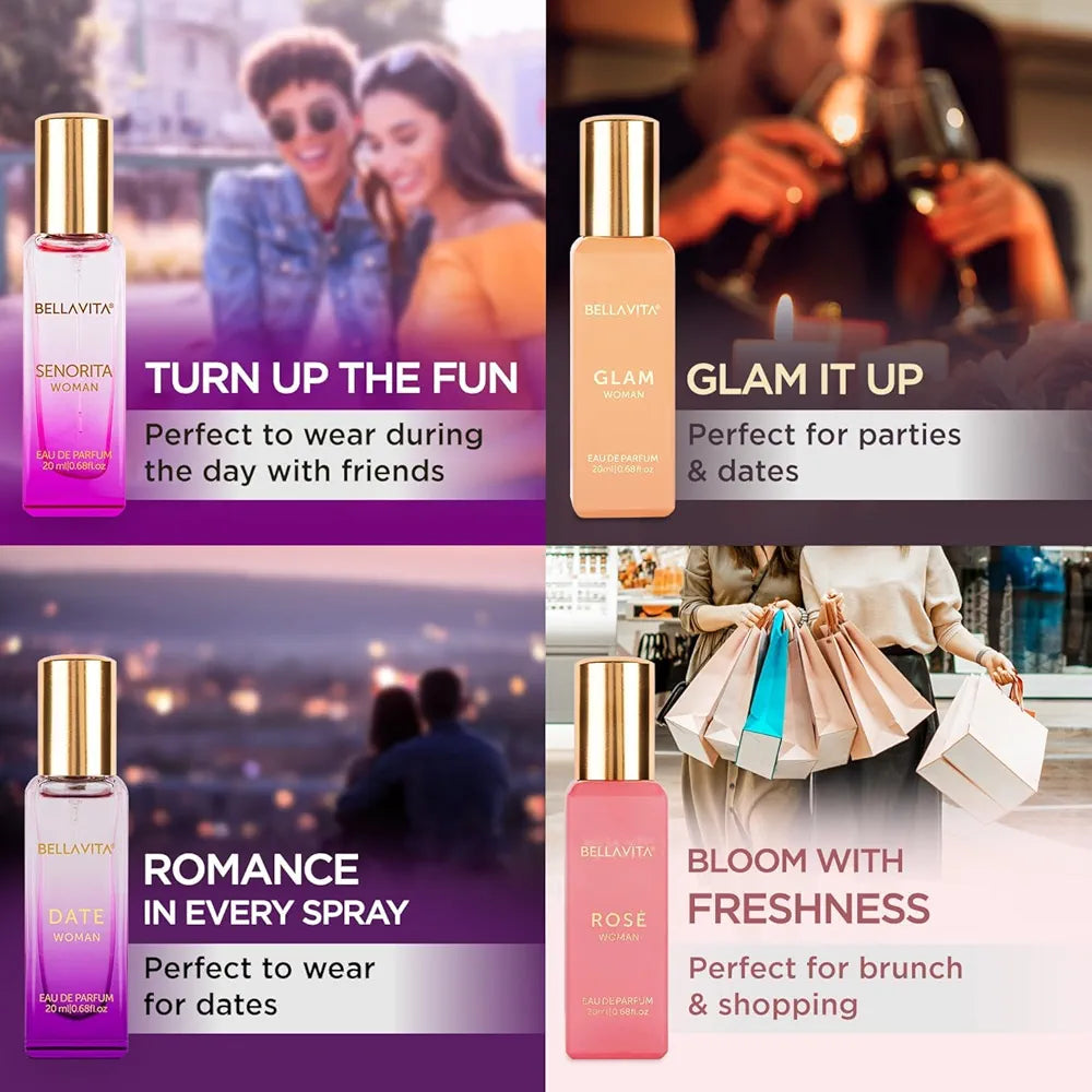 Bella Vita Luxury Long Lasting Women Gift Set | Perfume for Woman | 4x20ml | Gifts for Women | Floral, Fruity, Premium Fragrance Scent | Date, Senorita, Glam, Rose
