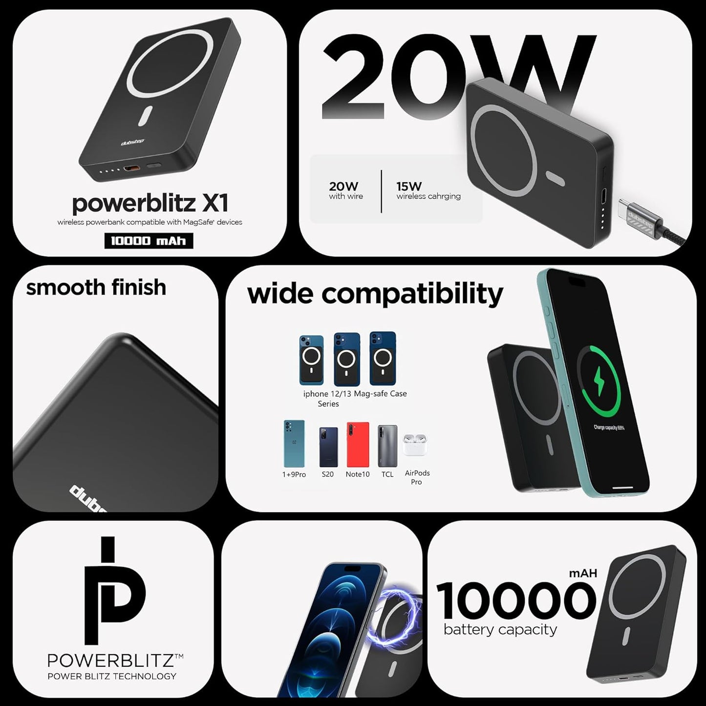 Dubstep Powerblitz X1 10,000 mAh 20W 12W Fast Charging Wired & Wireless