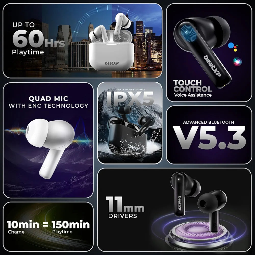 beatXP Vibe XPods Bluetooth True Wireless Ear Buds with 60H Playtime, Quad Mic ENC, Gaming Mode with 40ms Low Latency, Type C Earphone with 11mm Drivers, IPX5, BT 5.3, Touch Control 