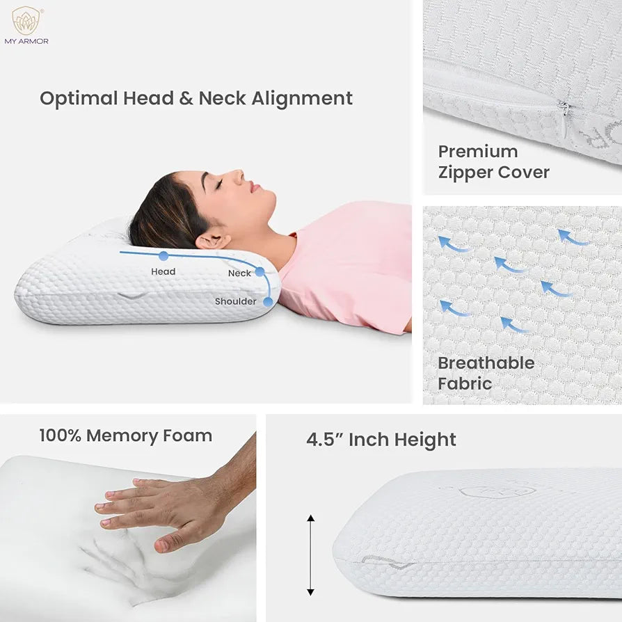 MY ARMOR Ventilated Cooling Gel Memory Foam Pillow Queen Size - 4.5 Inch Thick | 2 Years Warranty | with Removable Washable Cover - Pack of 1