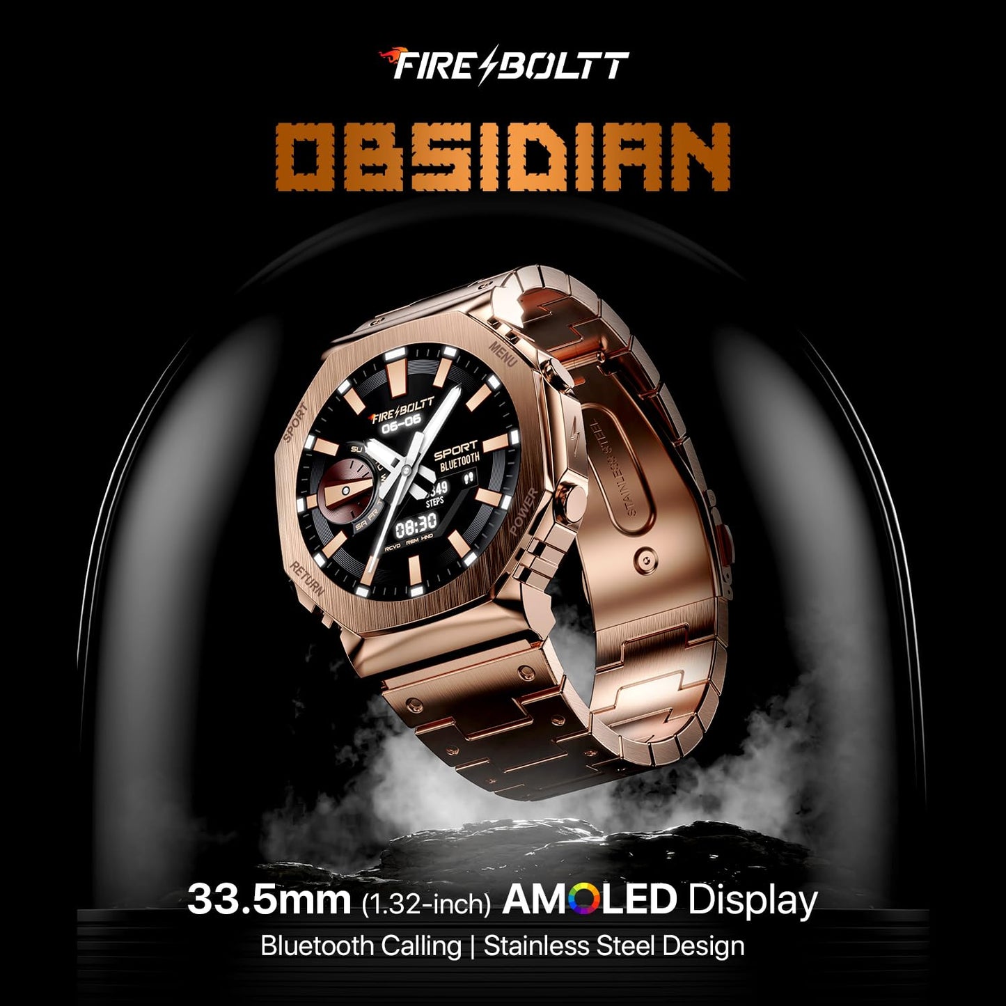 Fire Boltt Obsidian 33.5mm  AMOLED Display, Stainless Steel Design