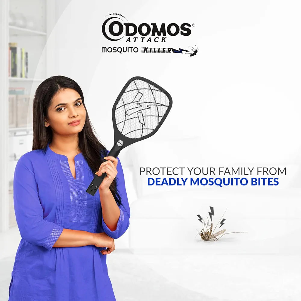 Odomos Attack Anti - Mosquito Rechargeable Racquet | 500mAH Battery | Large Net Area for Better Coverage | Long Lasting Internal Battery with Plug in Socket | 6 Months Warranty 