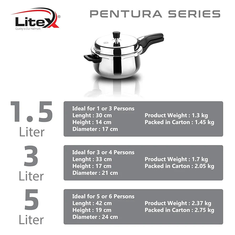 Litex Triply Stainless Steel Pressure Cooker, Induction Compatible, Outer Lid with Safety Lock, Stay-Cool Handles, 5-Year Warranty