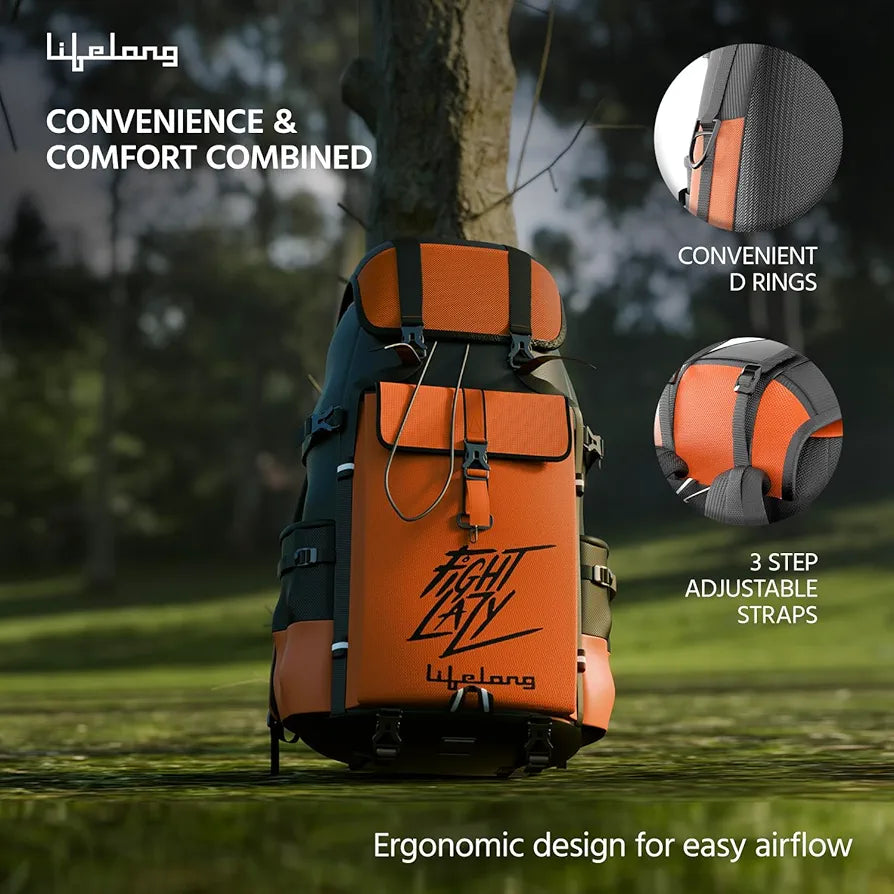 Lifelong 80 Ltr Travel Backpack - Rucksack Bags For Men & Women's - Trekking Bag Laptop Compartment - Tourist Bag For Travel, Hiking, Camping & Trekking- Rucksack Bag Accessories - Orange, 1