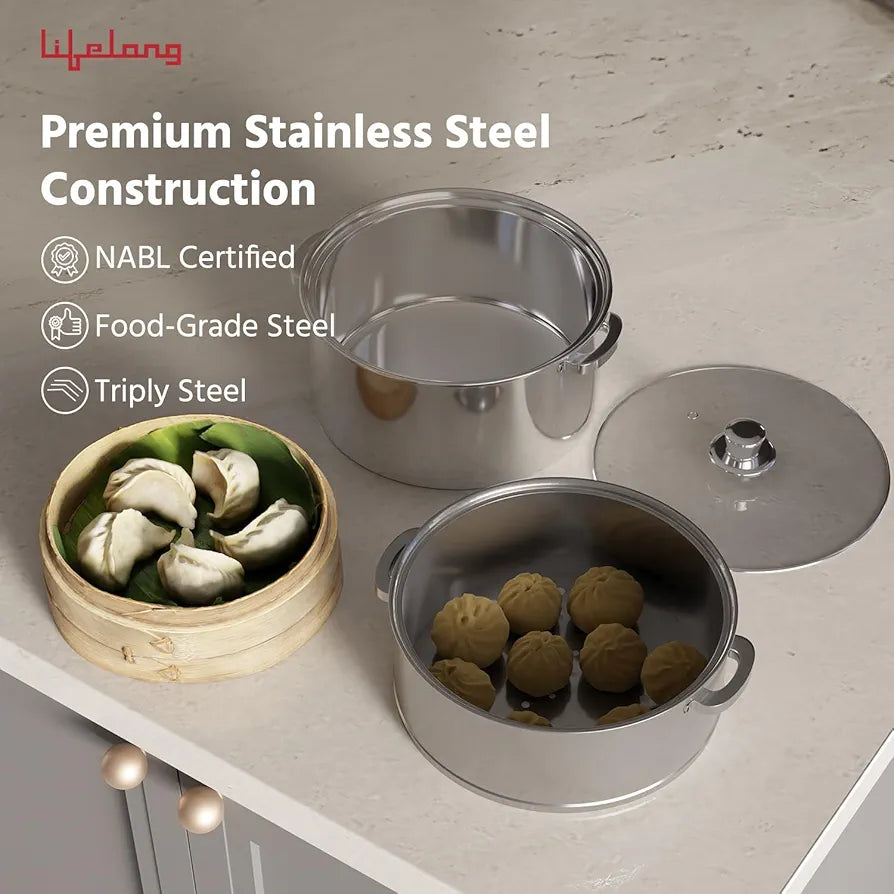 Lifelong 2-Tier Steamer/Momo/Modak Maker | Induction Compitable with Glass Lid & Riveted Handles | 20 cm Stainless Steel Multi-Purpose Cooking Steamer 