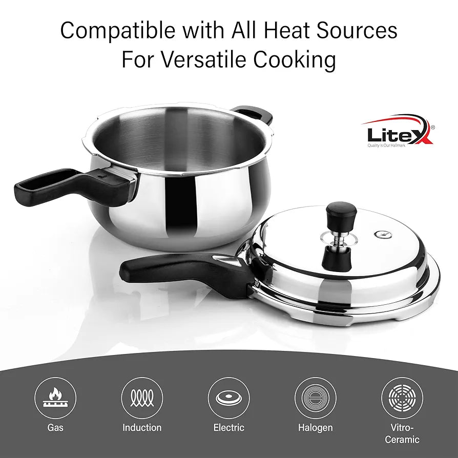 Litex Triply Stainless Steel Pressure Cooker, Induction Compatible, Outer Lid with Safety Lock, Stay-Cool Handles, 5-Year Warranty