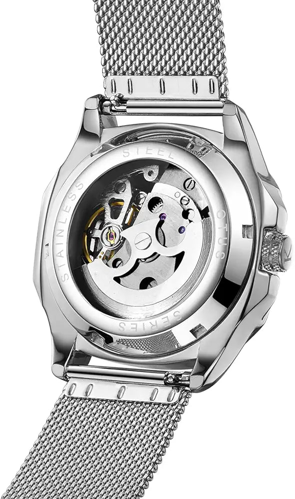 Kredo Men OTUS Malik Silver Mechanical Automatic Skeleton Analogue Self-Winding Water Resistant Stainless Steel Wrist Watch-KW073 | Octagonal Dial Mesh Stainless Steel Strap | Designed in Amsterdam