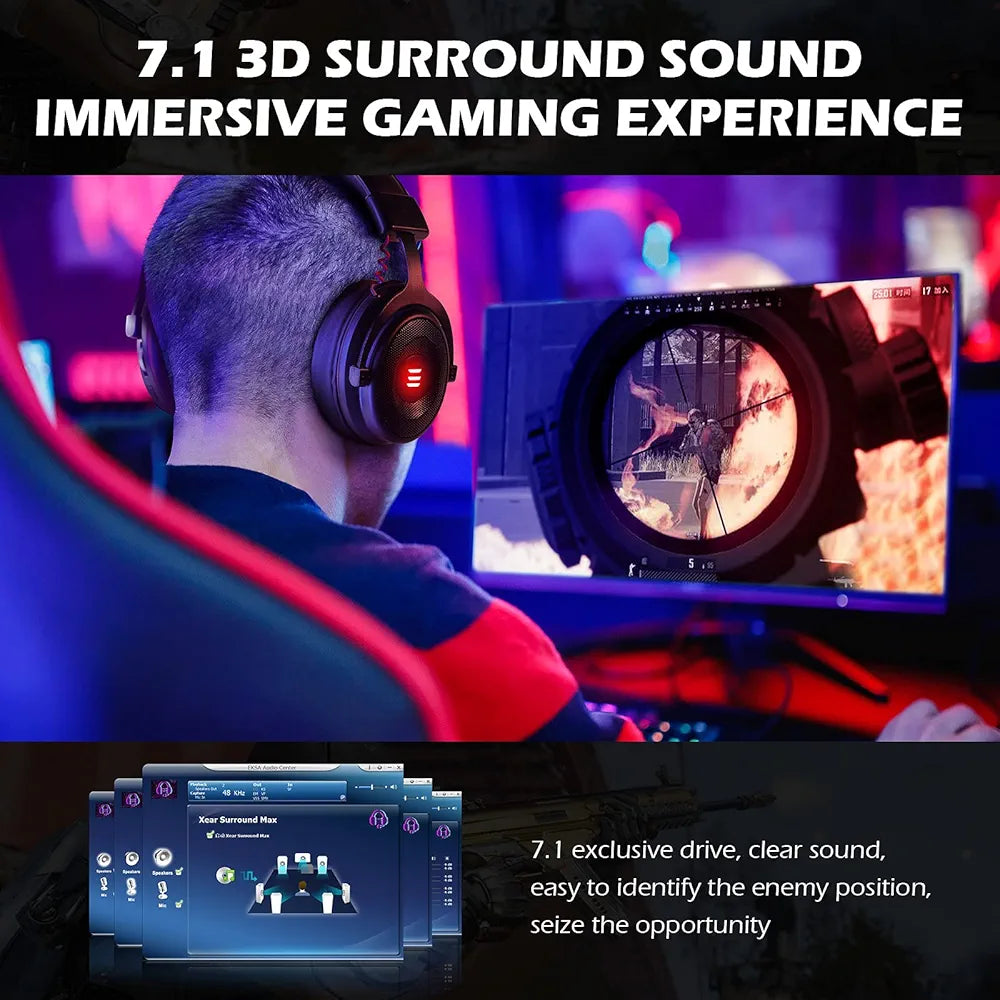 EKSA E900Pro Gaming Wired Over Ear Headphones with Virtual 7.1 Surround Sound, Noise Cancelling with Mic & Led, Compatible with PC, PS4, PS5, Xbox One