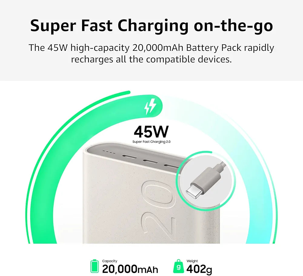 Samsung Galaxy 20000mAh Power Bank, Wired Battery Pack, Gray