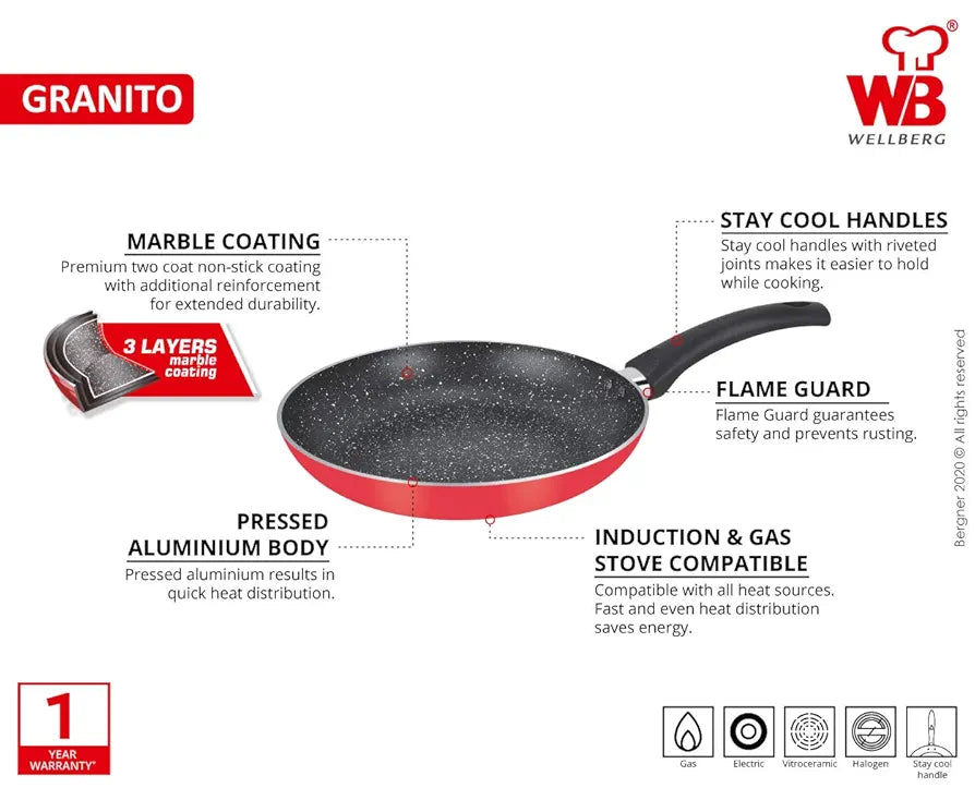 Wellberg Granito Press Aluminium Non Stick Frypan, 24cm, Induction Base, Red