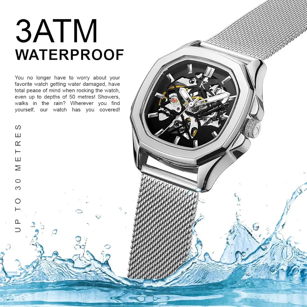 Kredo Men OTUS Malik Silver Mechanical Automatic Skeleton Analogue Self-Winding Water Resistant Stainless Steel Wrist Watch-KW073 | Octagonal Dial Mesh Stainless Steel Strap | Designed in Amsterdam