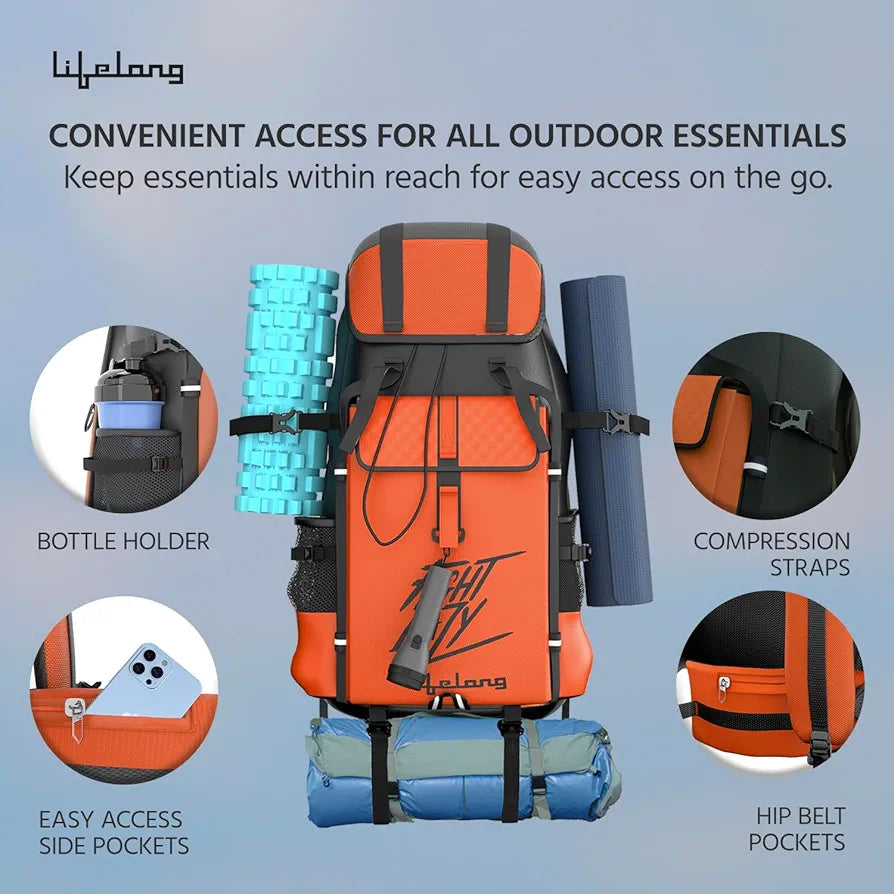 Lifelong 80 Ltr Travel Backpack - Rucksack Bags For Men & Women's - Trekking Bag Laptop Compartment - Tourist Bag For Travel, Hiking, Camping & Trekking- Rucksack Bag Accessories - Orange, 1