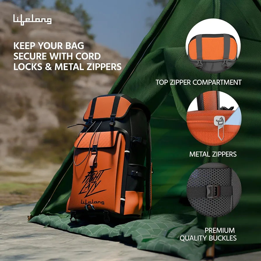 Lifelong 80 Ltr Travel Backpack - Rucksack Bags For Men & Women's - Trekking Bag Laptop Compartment - Tourist Bag For Travel, Hiking, Camping & Trekking- Rucksack Bag Accessories - Orange, 1