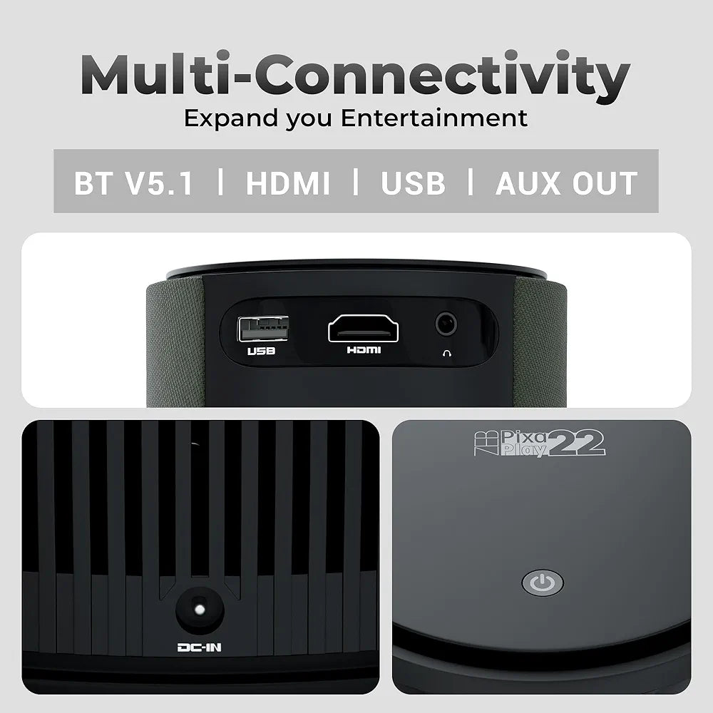 ZEBRONICS PIXAPLAY 22, Smart Projector, 3400 Lumens, 4K Support, 160 Inch Screen Size, Supports Bluetooth, HDMI, USB, WiFi, 720p Native, Powerful Speaker, Electronic Focus, APP Support, Miracast