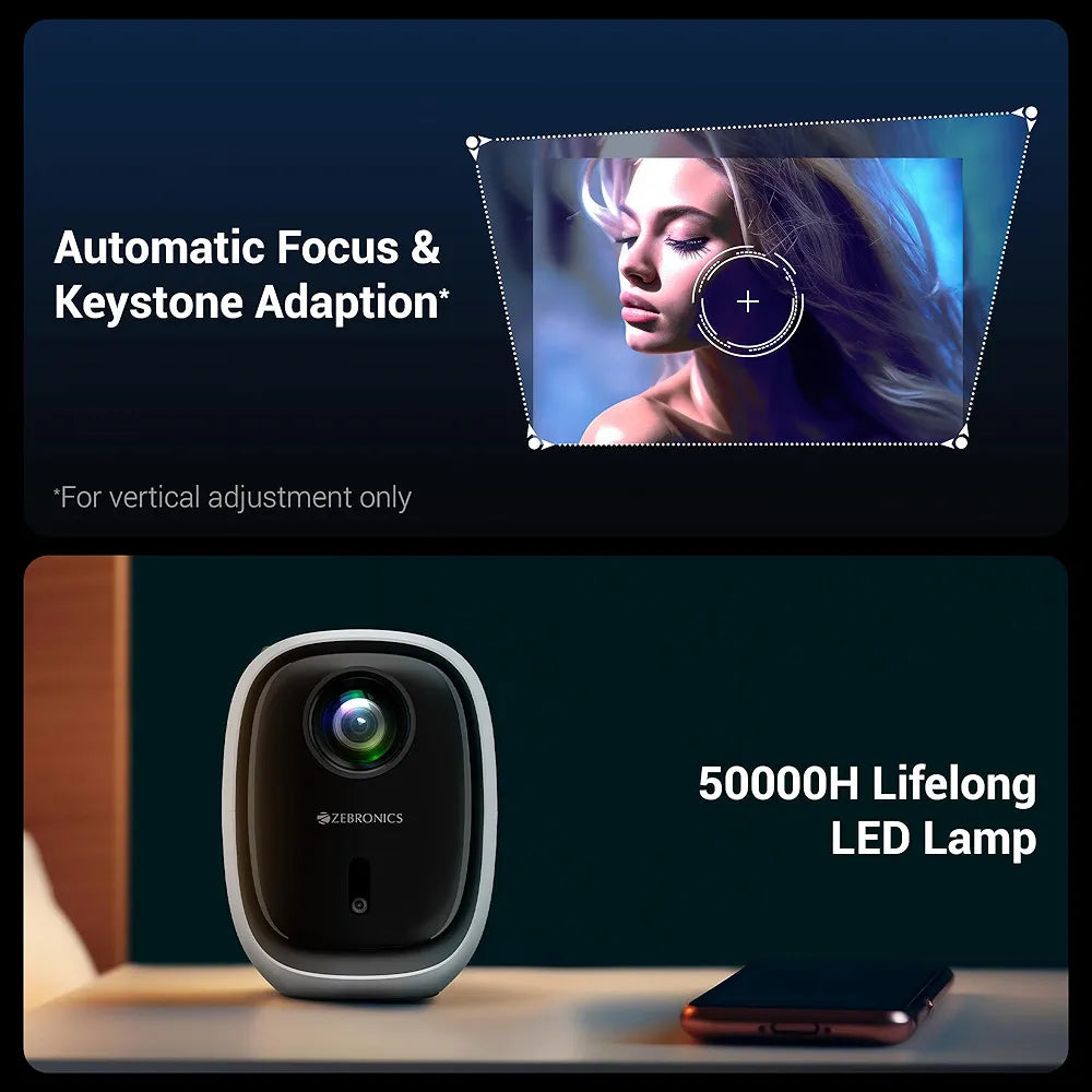 ZEBRONICS PIXAPLAY 53, Smart Vertical Projector, 3500 Lumens, 4K Support, 120 Inch Screen Size, Auto Focus, Auto Keystone, Bluetooth, HDMI, USB, WiFi, 1080p Support, APP Support, Miracast