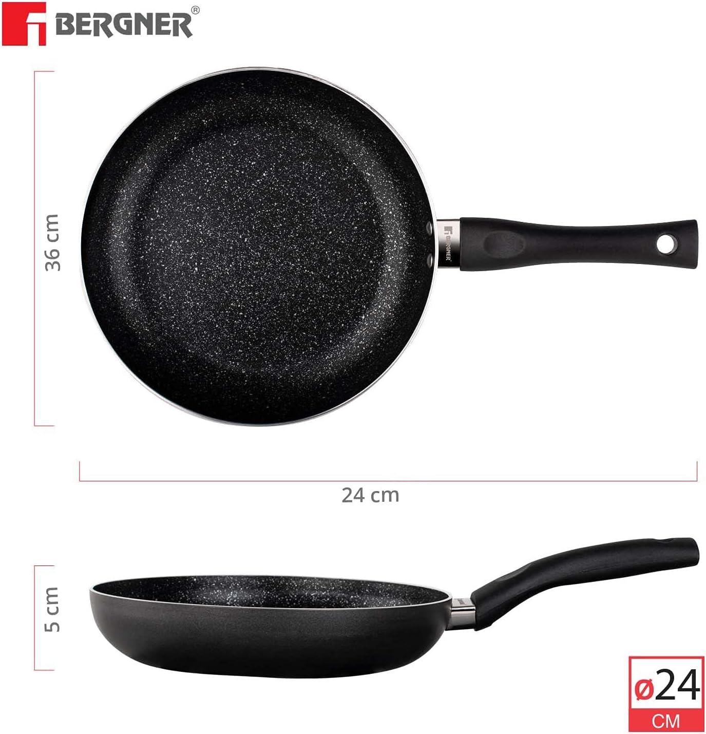 Bergner Essential Plus 5 Layer Marble Non Stick Frypan, 24 cm, Induction Base, Food Safe , Thickness 2.8mm, 1 Year Warranty, Black
