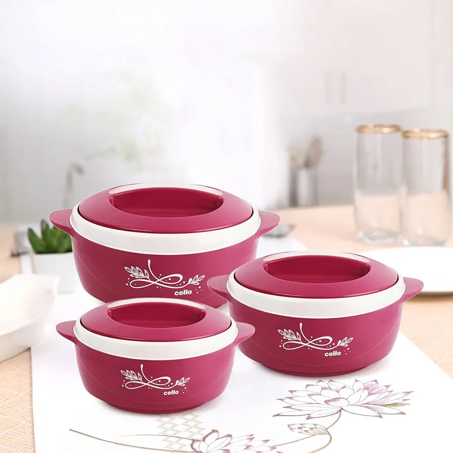 CELLO Sapphire Insulated Inner Steel Casserole Set of 3, Pink  | Hot Box for Kitchen | Hot Pot | Chapati Box | Locks in The Cold & Heat for Long | Serving Bowl with Lid |