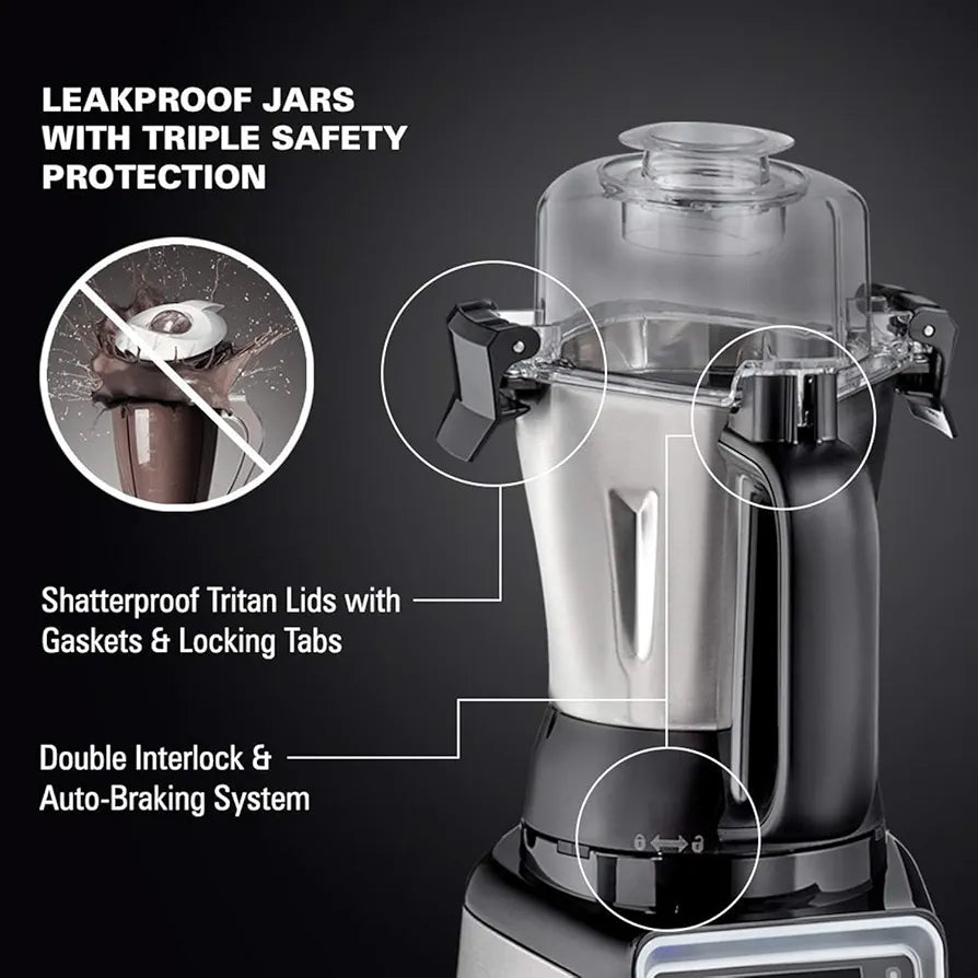 Hamilton Beach Professional Juicer Mixer Grinder 58770-IN, 1400 Watt Rated Motor, Triple Overload Protection, 3 Stainless Steel Leakproof Jars, Triple Safety Protection, Intelligent Controls, Black