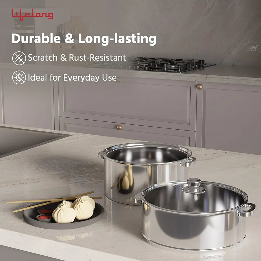 Lifelong 2-Tier Steamer/Momo/Modak Maker | Induction Compitable with Glass Lid & Riveted Handles | 20 cm Stainless Steel Multi-Purpose Cooking Steamer 