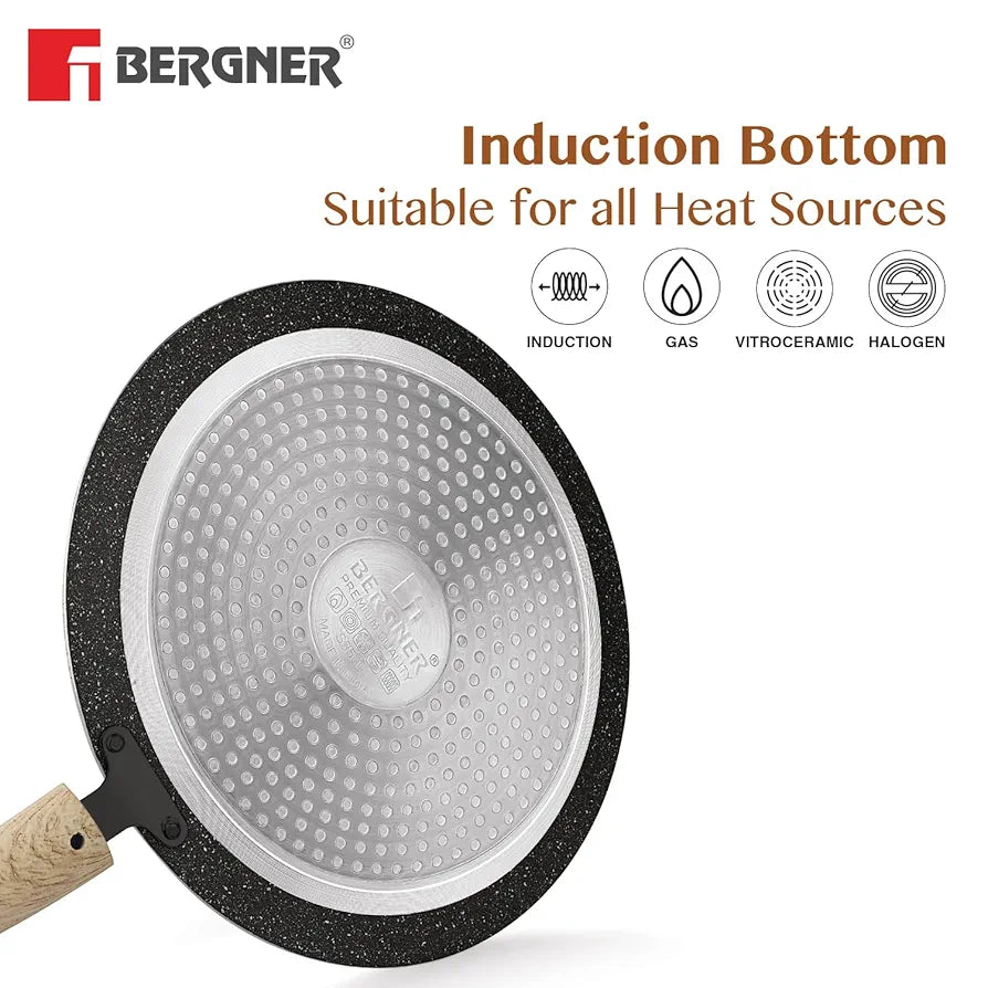 BERGNER Earth Black Non-Stick 26 cm Concave Tawa, Wooden Finish Soft Touch Handle, 3mm Thickness, Consumes Less Oil, Even Heat Distribution, White Marble Splatter, Induction Bottom and Gas Ready
