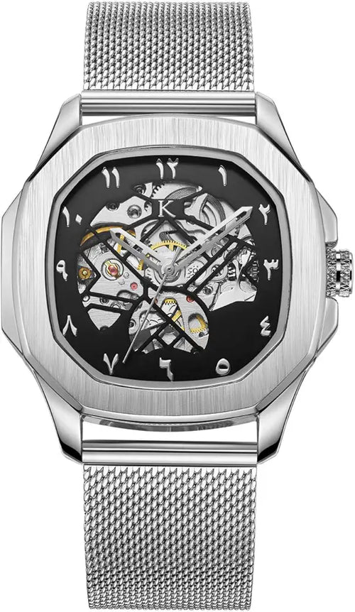 Kredo Men OTUS Malik Silver Mechanical Automatic Skeleton Analogue Self-Winding Water Resistant Stainless Steel Wrist Watch-KW073 | Octagonal Dial Mesh Stainless Steel Strap | Designed in Amsterdam