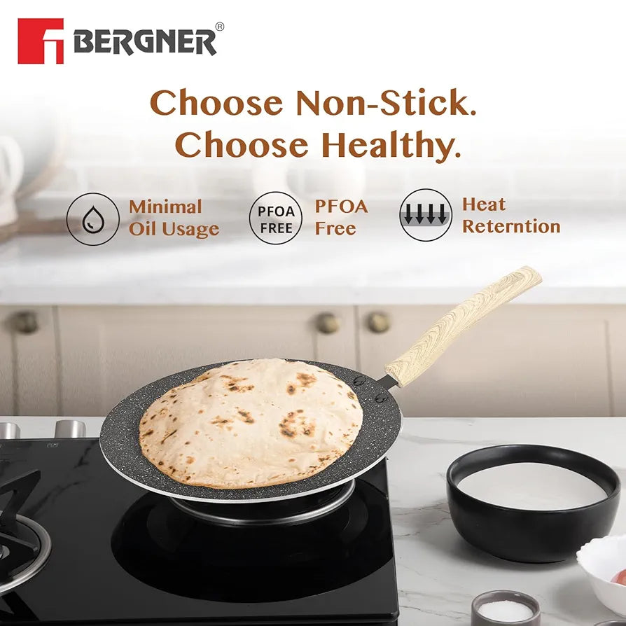 BERGNER Earth Black Non-Stick 26 cm Concave Tawa, Wooden Finish Soft Touch Handle, 3mm Thickness, Consumes Less Oil, Even Heat Distribution, White Marble Splatter, Induction Bottom and Gas Ready