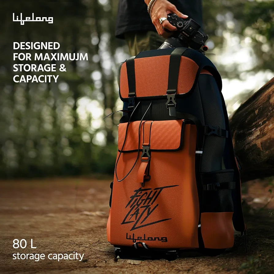 Lifelong 80 Ltr Travel Backpack - Rucksack Bags For Men & Women's - Trekking Bag Laptop Compartment - Tourist Bag For Travel, Hiking, Camping & Trekking- Rucksack Bag Accessories - Orange, 1