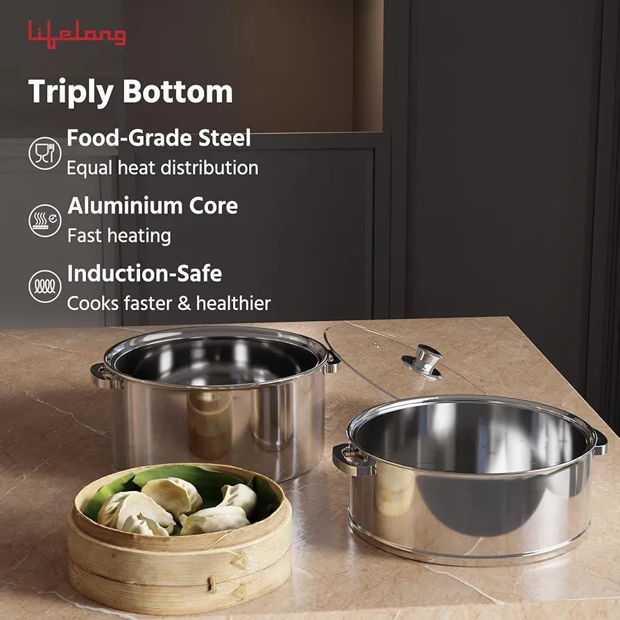 Lifelong 2-Tier Steamer/Momo/Modak Maker | Induction Compitable with Glass Lid & Riveted Handles | 20 cm Stainless Steel Multi-Purpose Cooking Steamer 