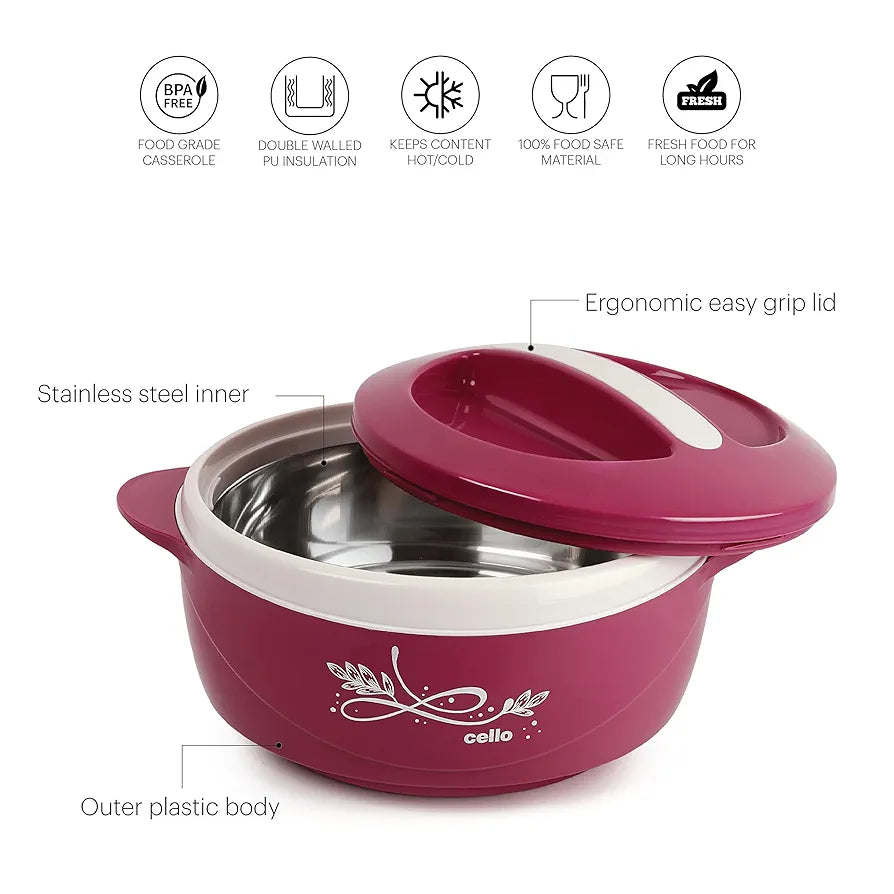 CELLO Sapphire Insulated Inner Steel Casserole Set of 3, Pink  | Hot Box for Kitchen | Hot Pot | Chapati Box | Locks in The Cold & Heat for Long | Serving Bowl with Lid |