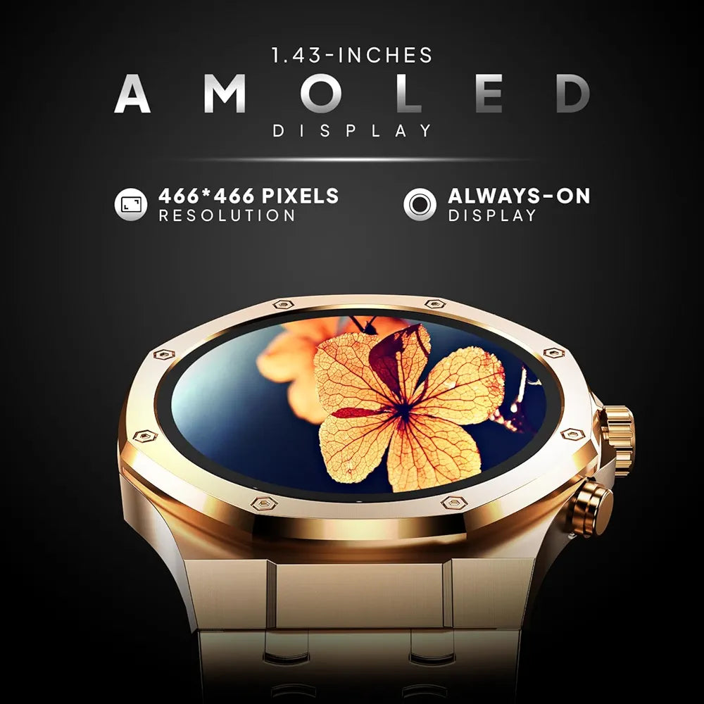 Fire-Boltt Royale Luxury Stainless Steel Smart Watch 1.43” AMOLED Display, Always On Display, 750 NITS Peak Brightness 466 * 466 px Resolution. Bluetooth Calling, IP67, 75Hz Refresh Rate 