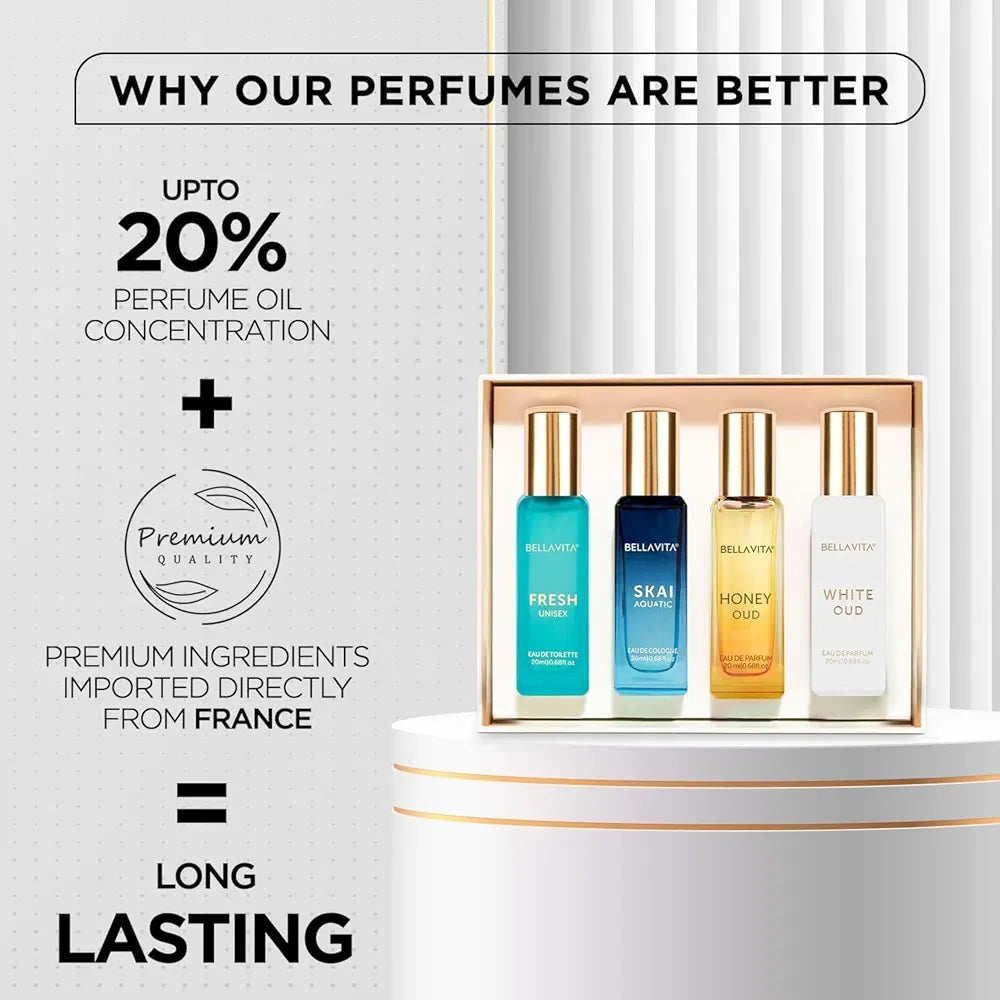 Bella Vita Luxury Long Lasting Unisex Perfume Gift Set | 4x20ml Perfume for Man & Woman | Woody, Aquatic, Sweet, Premium Fragrance Scent | SKAI, FRESH, WHITEOUD, HONEY OUD | Gifts for Men and Women