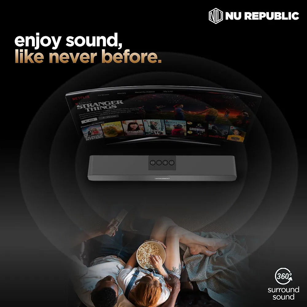 Nu Republic Soundbar 20 Bluetooth Soundbar with X-Bass Technology, 52mm Dynamic Drivers, Upto 12 Hrs Playtime, 20 W Output, Aux/USB Port  
