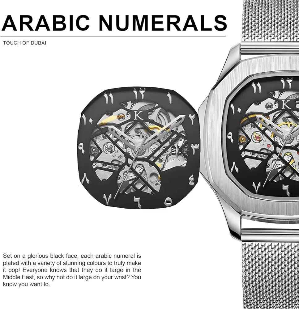Kredo Men OTUS Malik Silver Mechanical Automatic Skeleton Analogue Self-Winding Water Resistant Stainless Steel Wrist Watch-KW073 | Octagonal Dial Mesh Stainless Steel Strap | Designed in Amsterdam