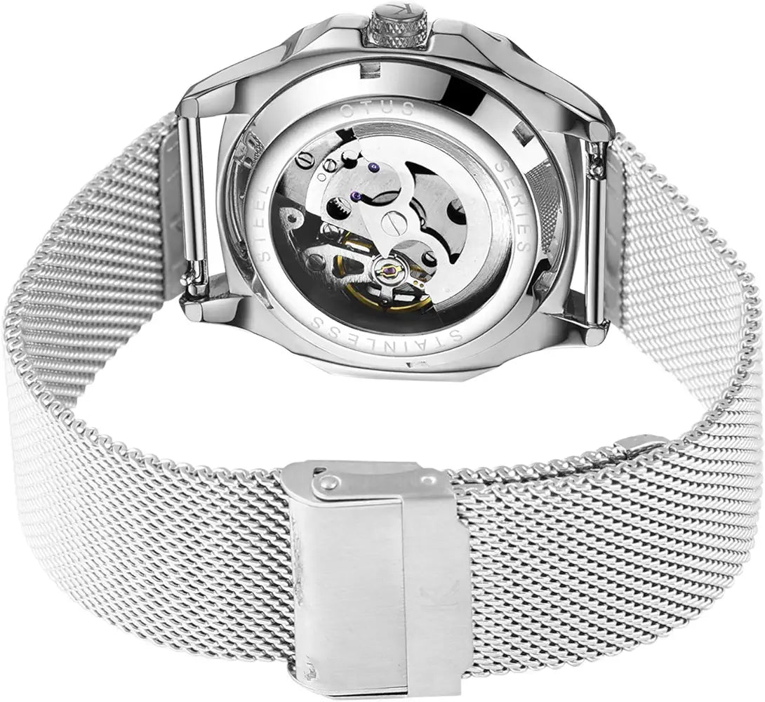 Kredo Men OTUS Malik Silver Mechanical Automatic Skeleton Analogue Self-Winding Water Resistant Stainless Steel Wrist Watch-KW073 | Octagonal Dial Mesh Stainless Steel Strap | Designed in Amsterdam
