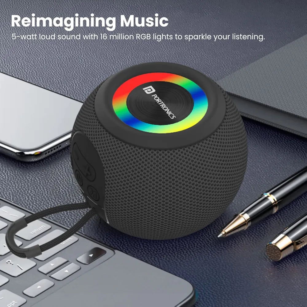 Portronics Resound 5W Bluetooth 5.3 Wireless Speaker with FM Radio, TWS Function, Multicolor LED Lights, 6-8 Hrs Playtime