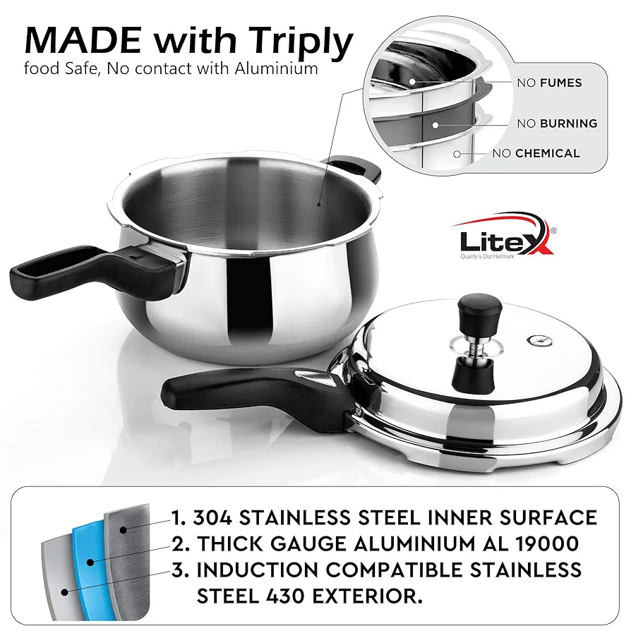 Litex Triply Stainless Steel Pressure Cooker, Induction Compatible, Outer Lid with Safety Lock, Stay-Cool Handles, 5-Year Warranty