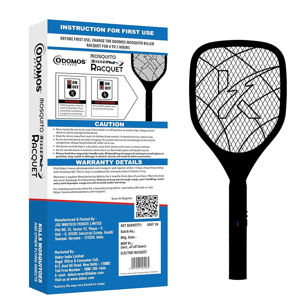 Odomos Attack Anti - Mosquito Rechargeable Racquet | 500mAH Battery | Large Net Area for Better Coverage | Long Lasting Internal Battery with Plug in Socket | 6 Months Warranty 