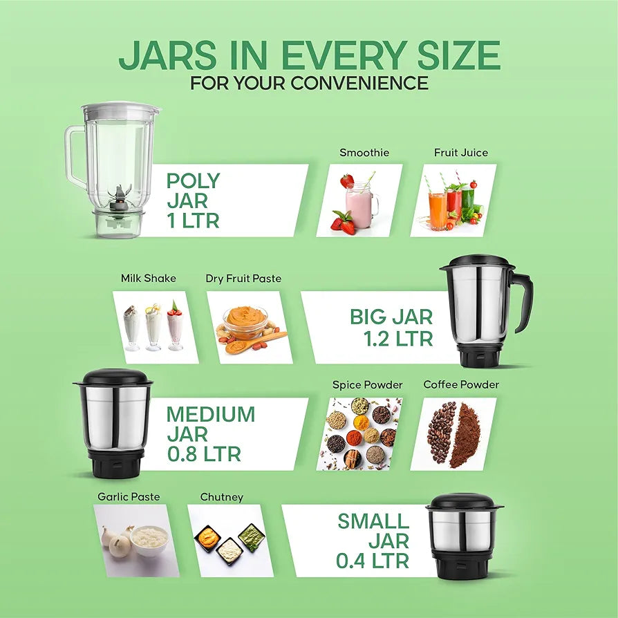 Longway Super Dlx 750 Watt Juicer Mixer Grinder with 4 Jars for Grinding, Mixing, Juicing with Powerful Motor | 1 Year Warranty | 