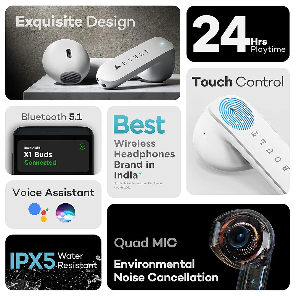 Boult Audio X1 Buds True Wireless in Ear Earbuds with 24H Playtime, Quad Mic ENC, Made in India, Type-C Fast Charging, Environmental Noise Cancellation, 10mm Bass Drivers, TWS Airbass ear buds 