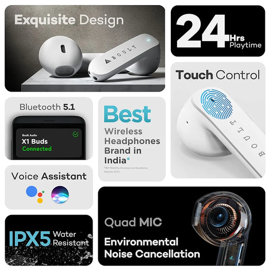 Boult Audio X1 Buds True Wireless in Ear Earbuds with 24H Playtime, Quad Mic ENC, Made in India, Type-C Fast Charging, Environmental Noise Cancellation, 10mm Bass Drivers, TWS Airbass ear buds 