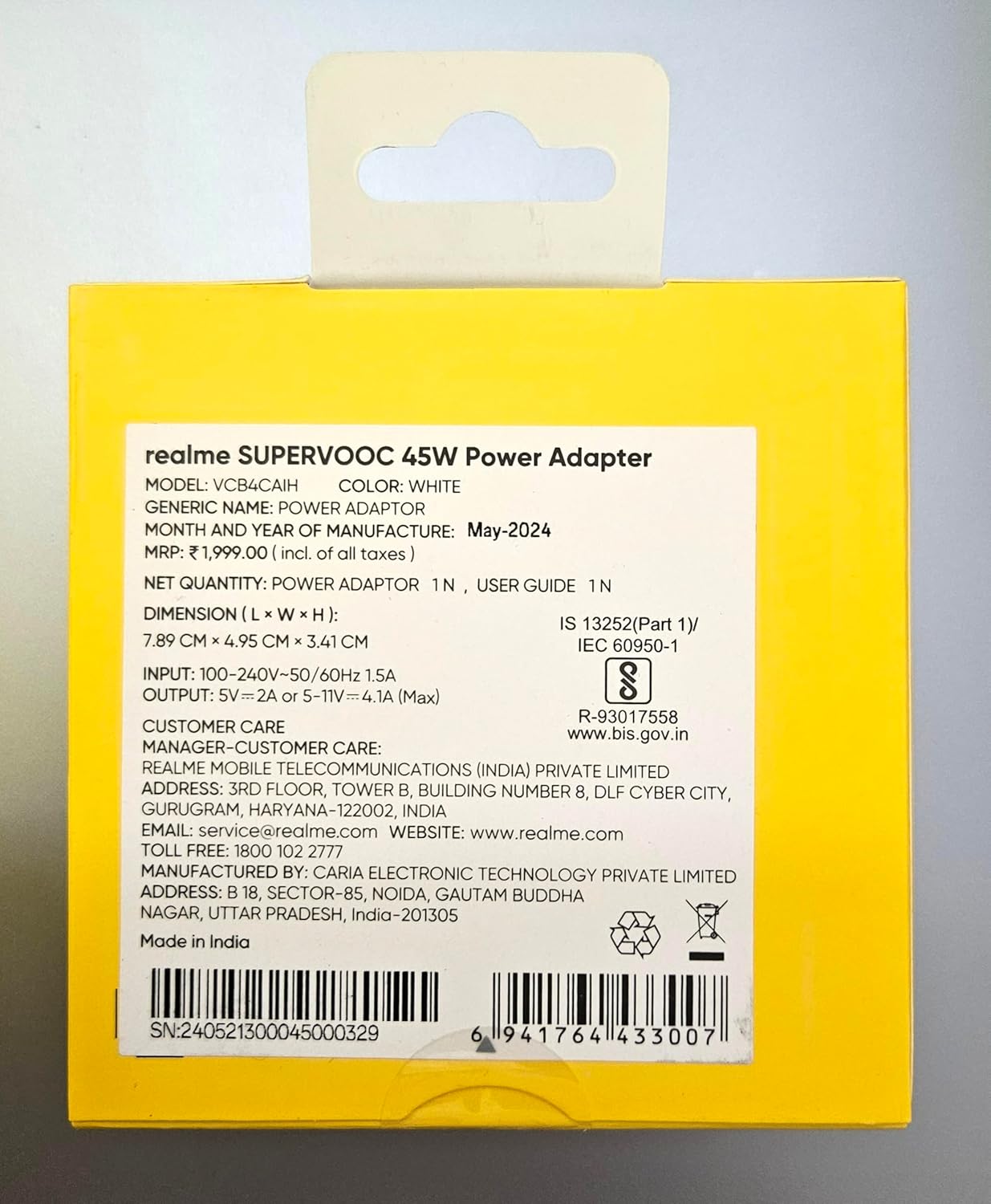 Realme 45W SuperVOOC 5 A Wall Char Adaptor