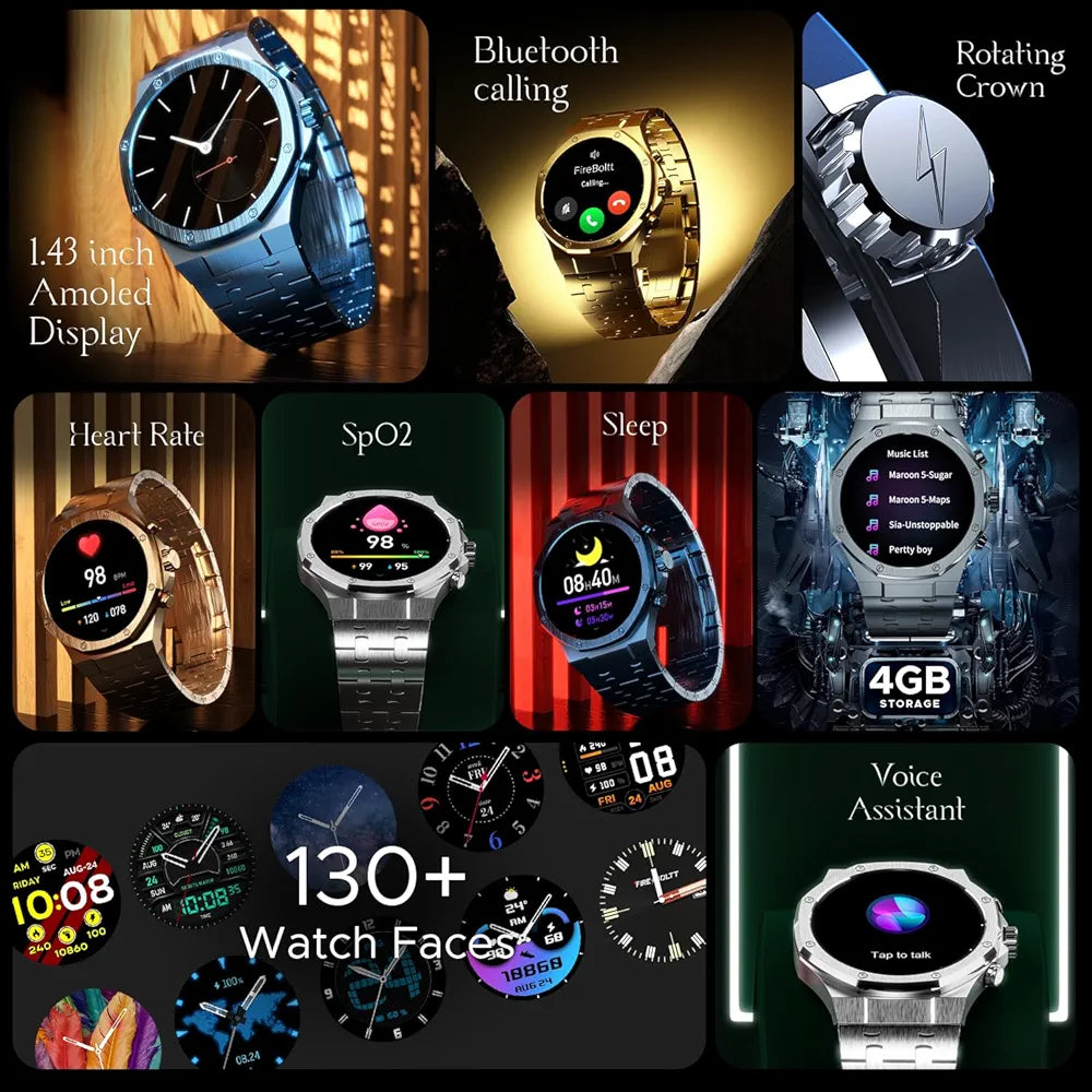 Fire-Boltt Royale Luxury Stainless Steel Smart Watch 1.43” AMOLED Display, Always On Display, 750 NITS Peak Brightness 466 * 466 px Resolution. Bluetooth Calling, IP67, 75Hz Refresh Rate 