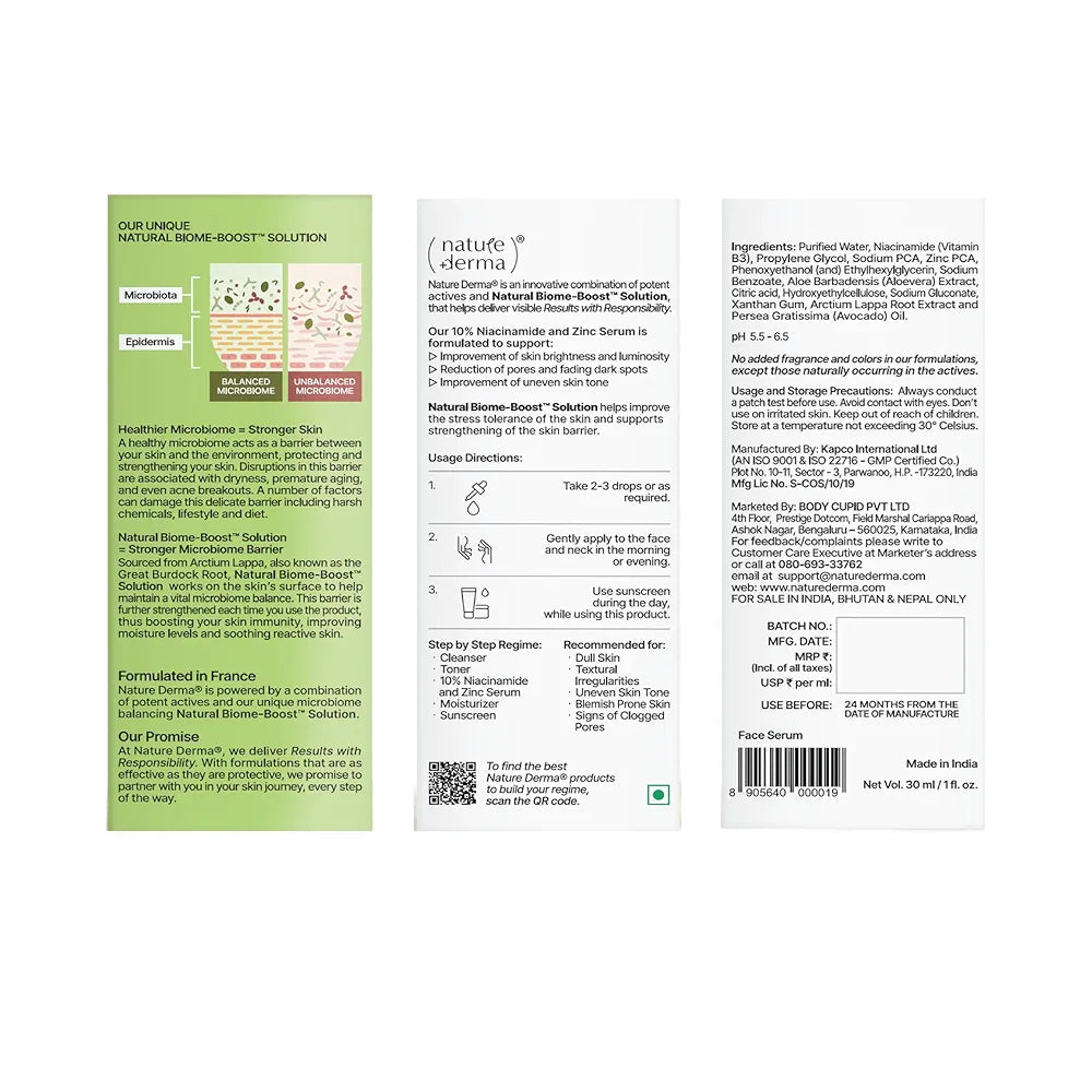 Nature Derma 10% Niacinamide & Zinc Serum with Natural Biome-Boost™ | Reduces Pores and Dark spots | Brighter, Even Toned and Strengthened Skin | 30ml | Dermatologically Tested