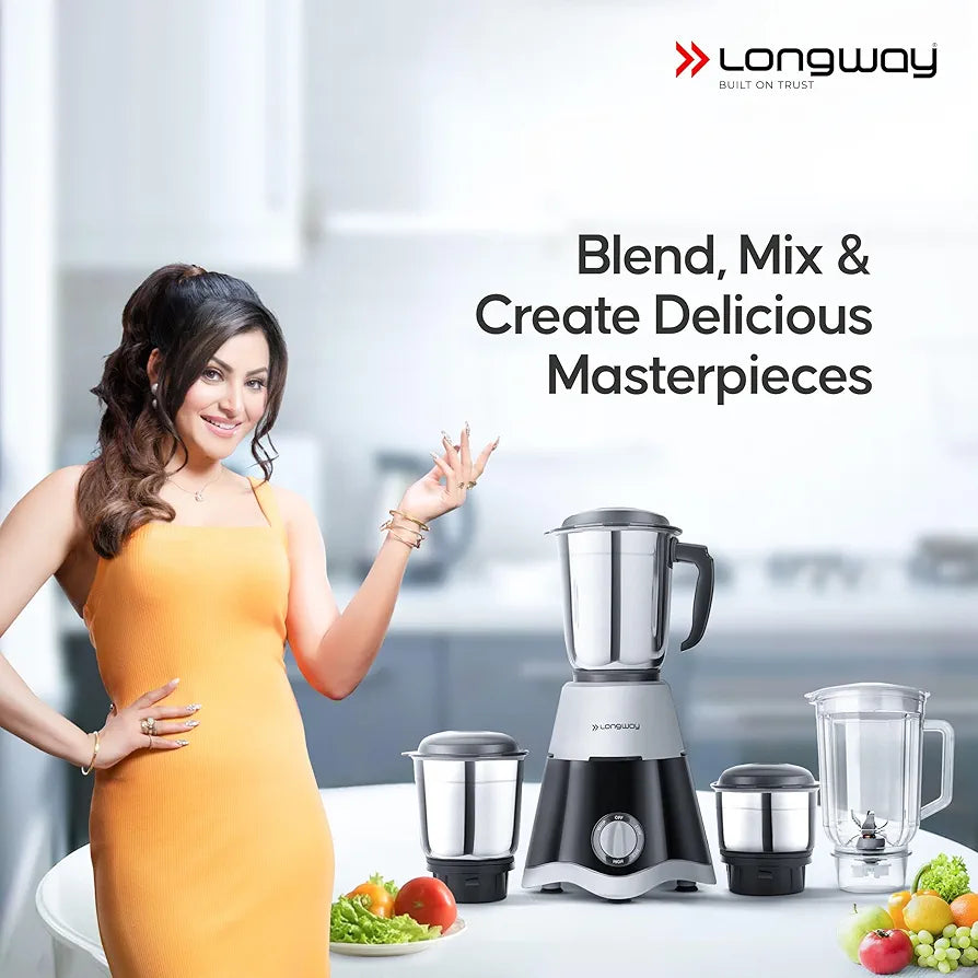 Longway Super Dlx 750 Watt Juicer Mixer Grinder with 4 Jars for Grinding, Mixing, Juicing with Powerful Motor | 1 Year Warranty | 